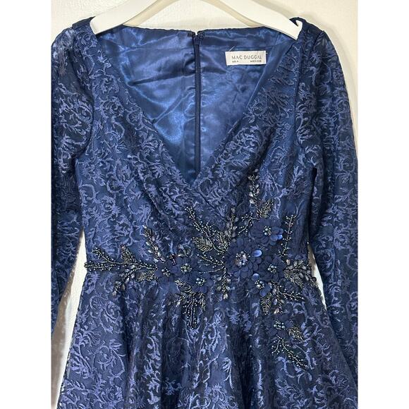 Mac Duggal Floral Waist Long Sleeve Dress Navy Size 6 NWT 112181 Elegant MOB - Picture 4 of 16
